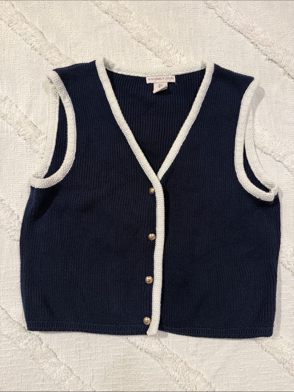 Sincerly Jules Navy V‑Neck Knit Vest with Cream Trim